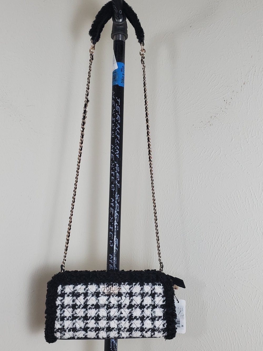 NWT Guess Black and White Tweed Crossbody with Chain